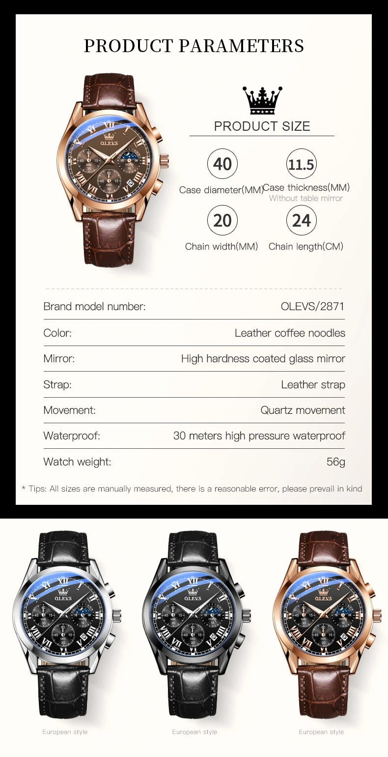 OLEVS Quartz Watch for Men Top Brand Luxury Watches Moon Phase waterproof Mens watches Fashion Chronograph Wrist Watches For Men