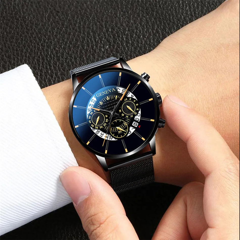 reloj hombre Mens Fashion Business Calendar Watches Blue Stainless Steel Mesh Belt Analog Quartz Wrist Watch relogio masculino