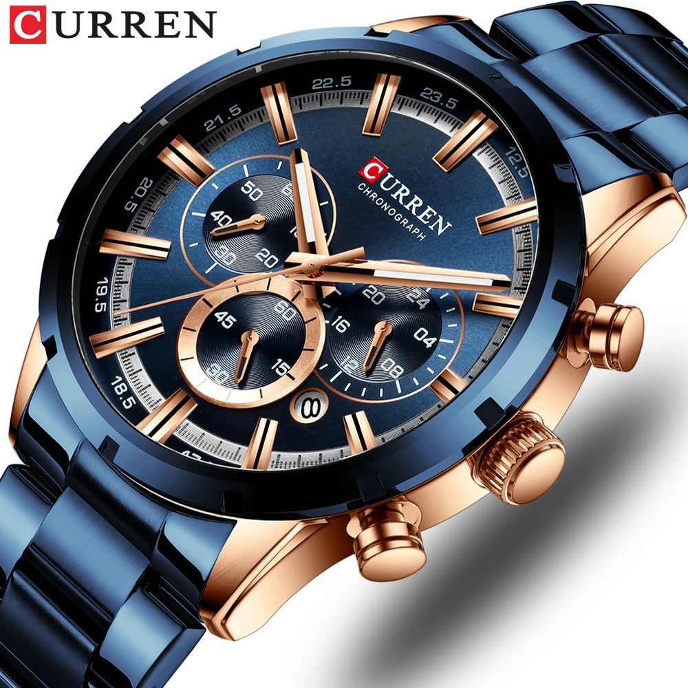 Curren Men's Watch Blue Dial Stainless Steel Band Date Mens Business Male Watches Waterproof Luxuries Men Wrist Watches for Men