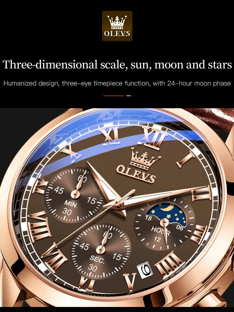 OLEVS Quartz Watch for Men Top Brand Luxury Watches Moon Phase waterproof Mens watches Fashion Chronograph Wrist Watches For Men