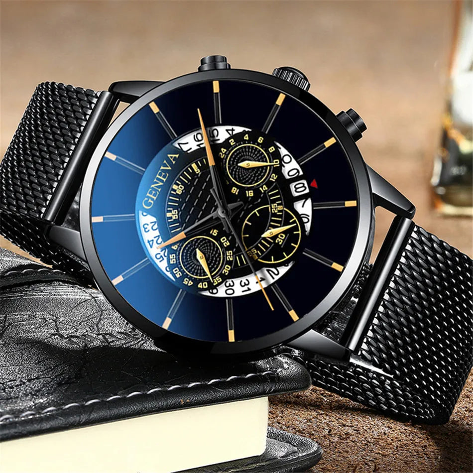 reloj hombre Mens Fashion Business Calendar Watches Blue Stainless Steel Mesh Belt Analog Quartz Wrist Watch relogio masculino