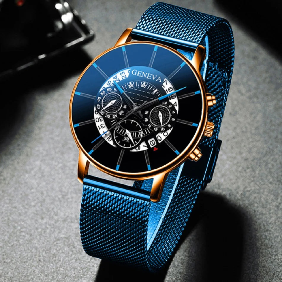 reloj hombre Mens Fashion Business Calendar Watches Blue Stainless Steel Mesh Belt Analog Quartz Wrist Watch relogio masculino