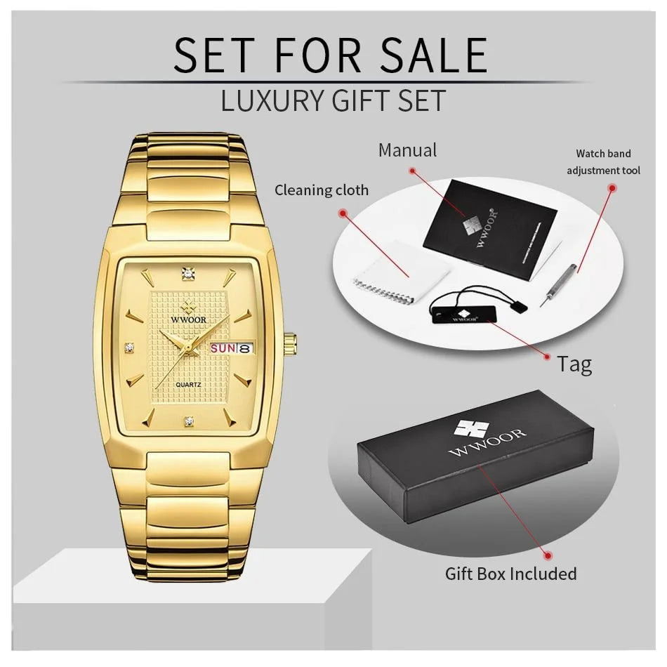 WWOOR 2024 New Square Watch Men with Automatic Week Date Luxury Stainless Steel Gold Mens Quartz Wrist Watches Relogio Masculino