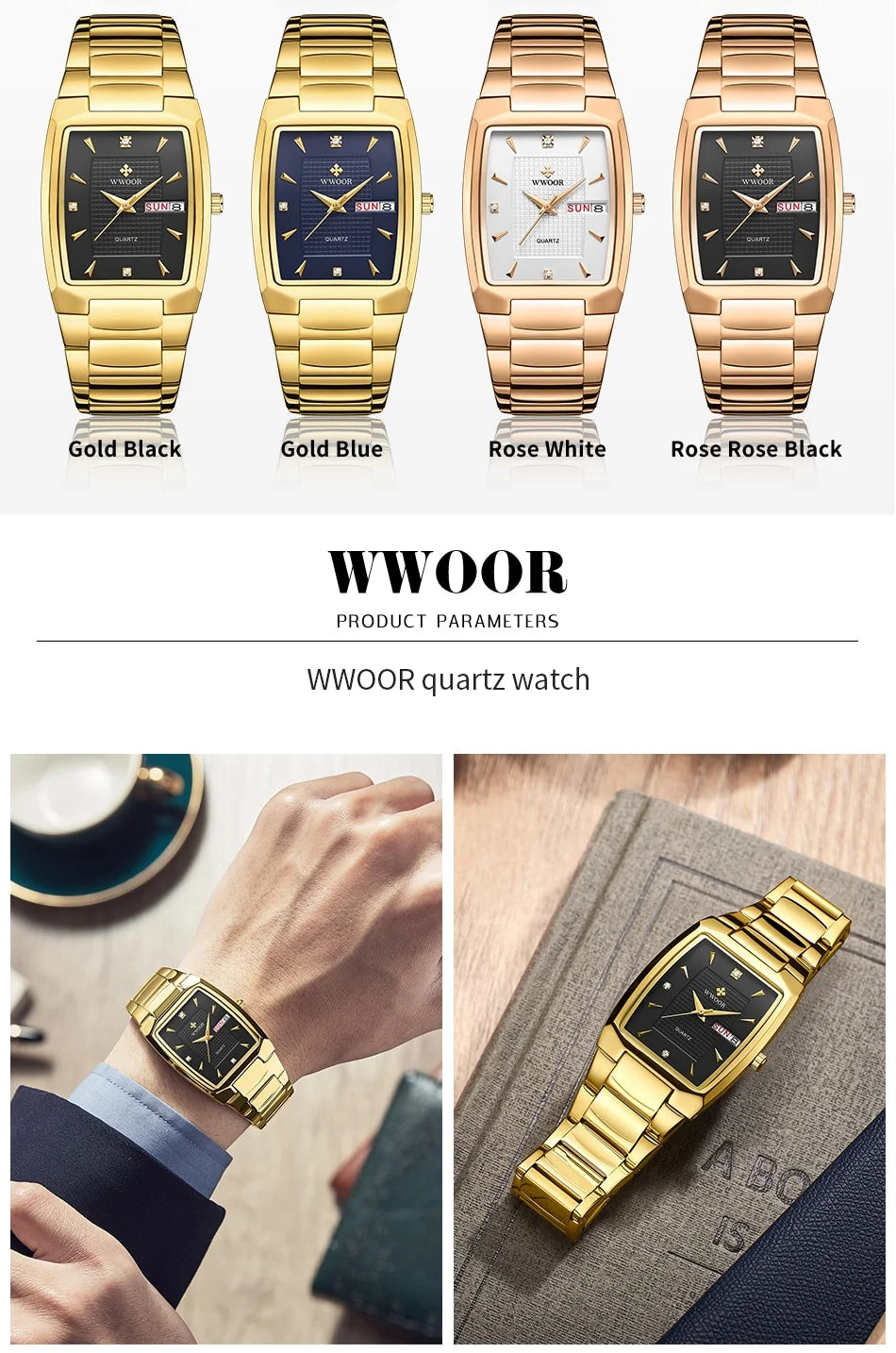 WWOOR 2024 New Square Watch Men with Automatic Week Date Luxury Stainless Steel Gold Mens Quartz Wrist Watches Relogio Masculino