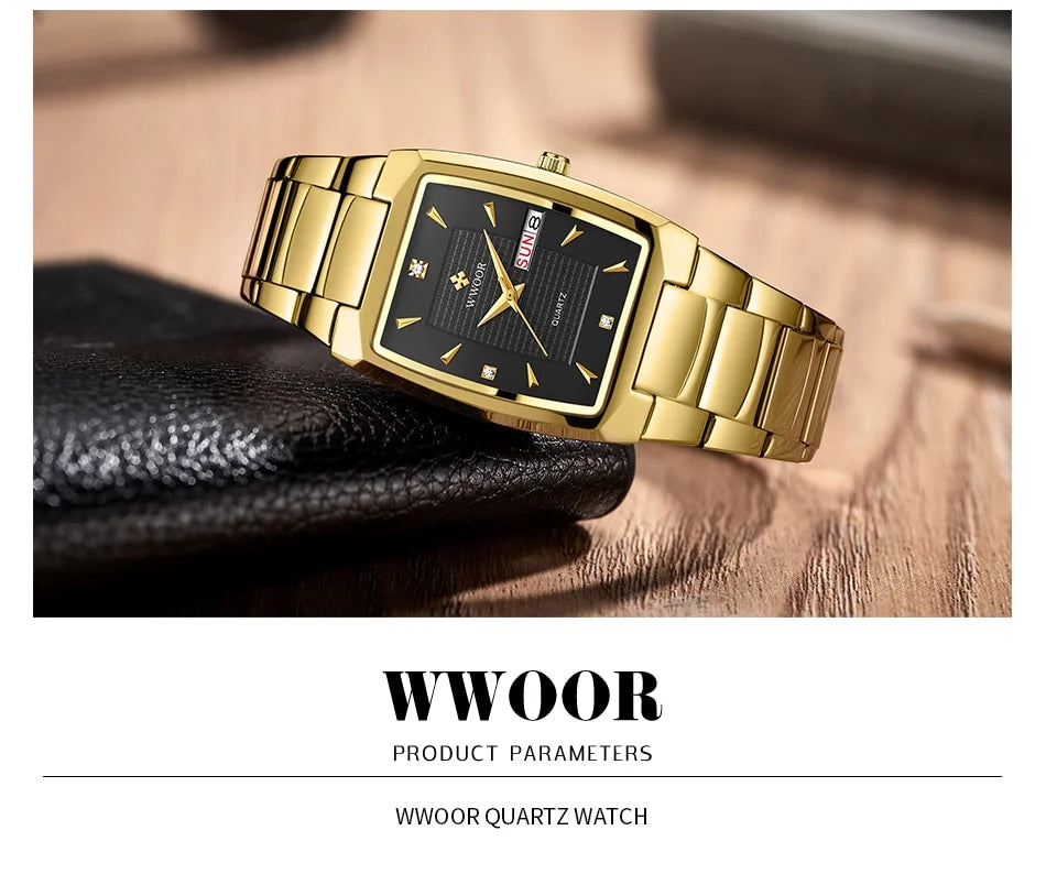 WWOOR 2024 New Square Watch Men with Automatic Week Date Luxury Stainless Steel Gold Mens Quartz Wrist Watches Relogio Masculino