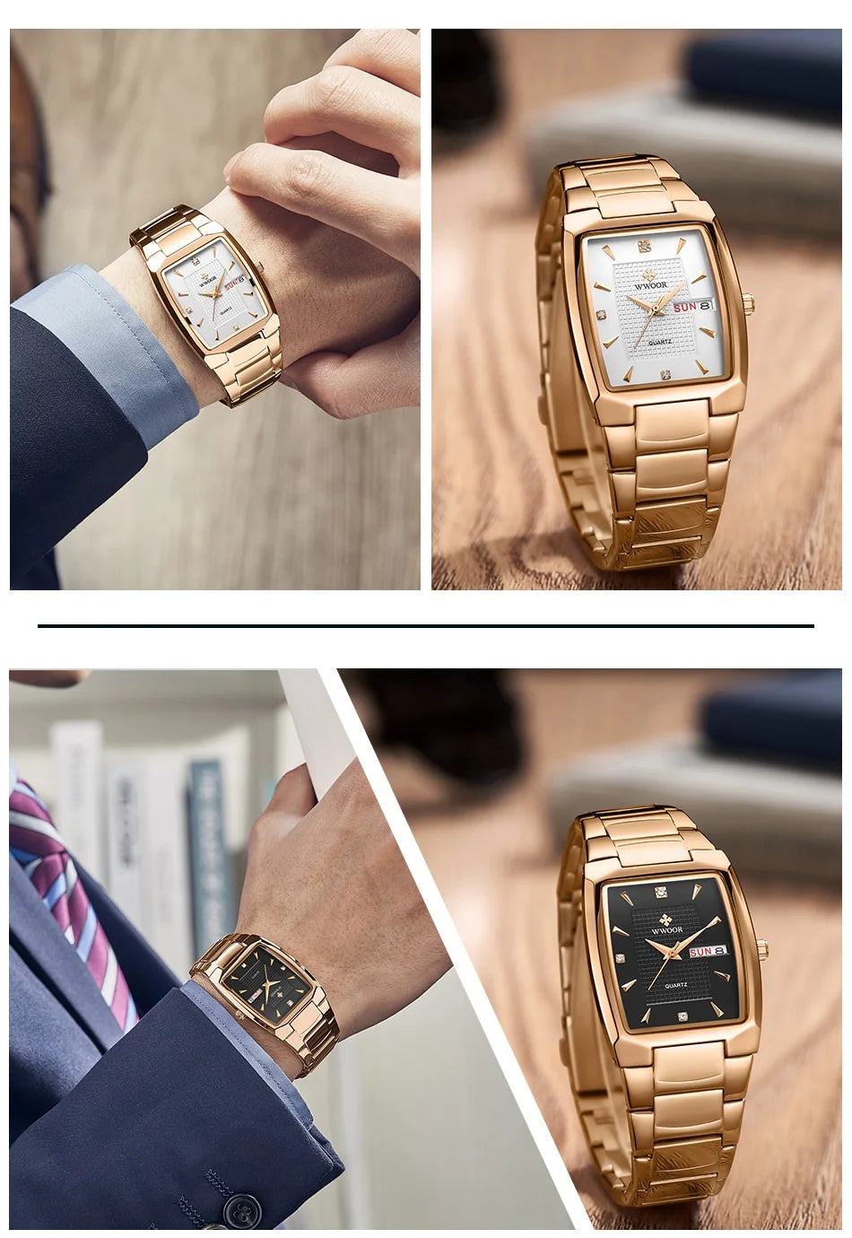 WWOOR 2024 New Square Watch Men with Automatic Week Date Luxury Stainless Steel Gold Mens Quartz Wrist Watches Relogio Masculino