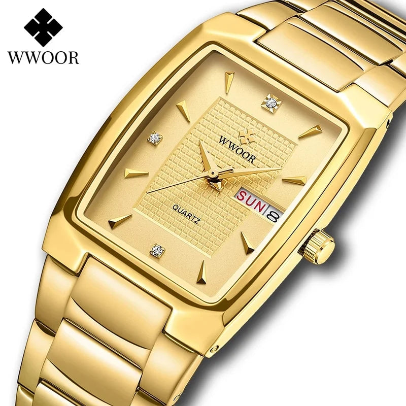 WWOOR 2024 New Square Watch Men with Automatic Week Date Luxury Stainless Steel Gold Mens Quartz Wrist Watches Relogio Masculino