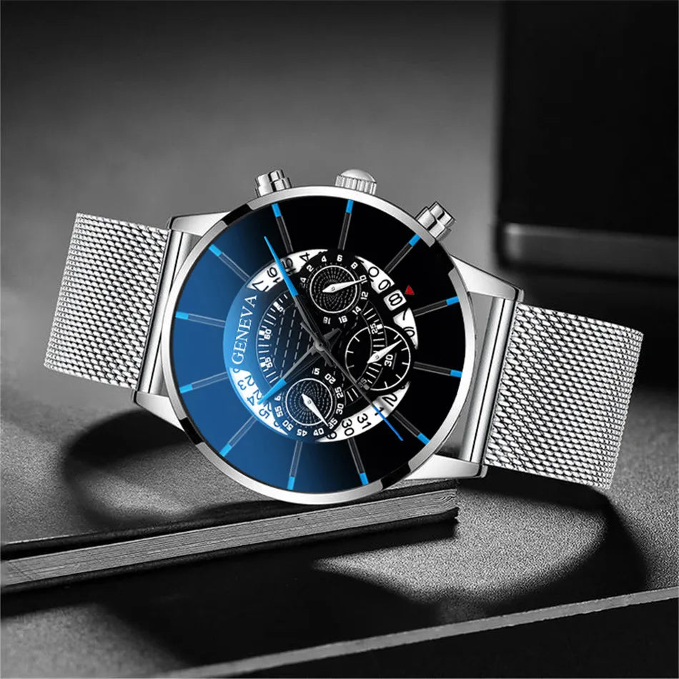 reloj hombre Mens Fashion Business Calendar Watches Blue Stainless Steel Mesh Belt Analog Quartz Wrist Watch relogio masculino