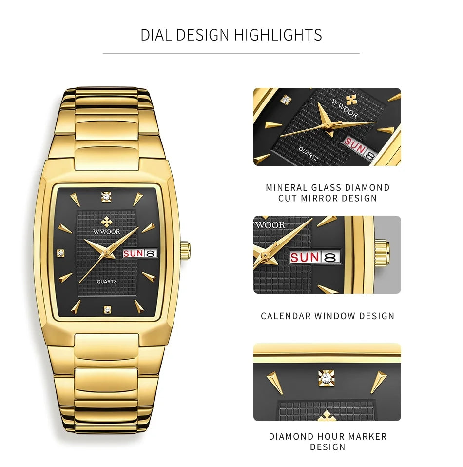 WWOOR 2024 New Square Watch Men with Automatic Week Date Luxury Stainless Steel Gold Mens Quartz Wrist Watches Relogio Masculino