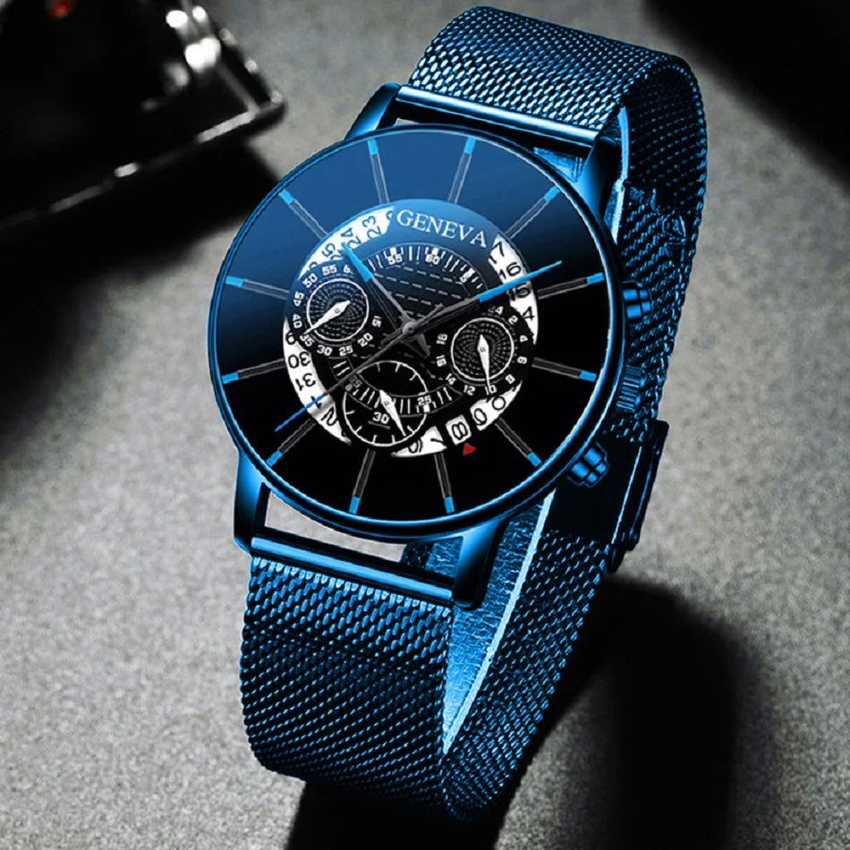 reloj hombre Mens Fashion Business Calendar Watches Blue Stainless Steel Mesh Belt Analog Quartz Wrist Watch relogio masculino