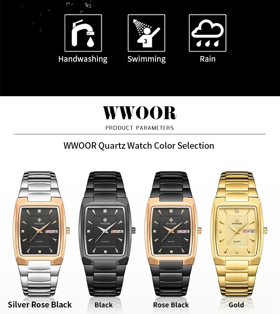 WWOOR 2024 New Square Watch Men with Automatic Week Date Luxury Stainless Steel Gold Mens Quartz Wrist Watches Relogio Masculino