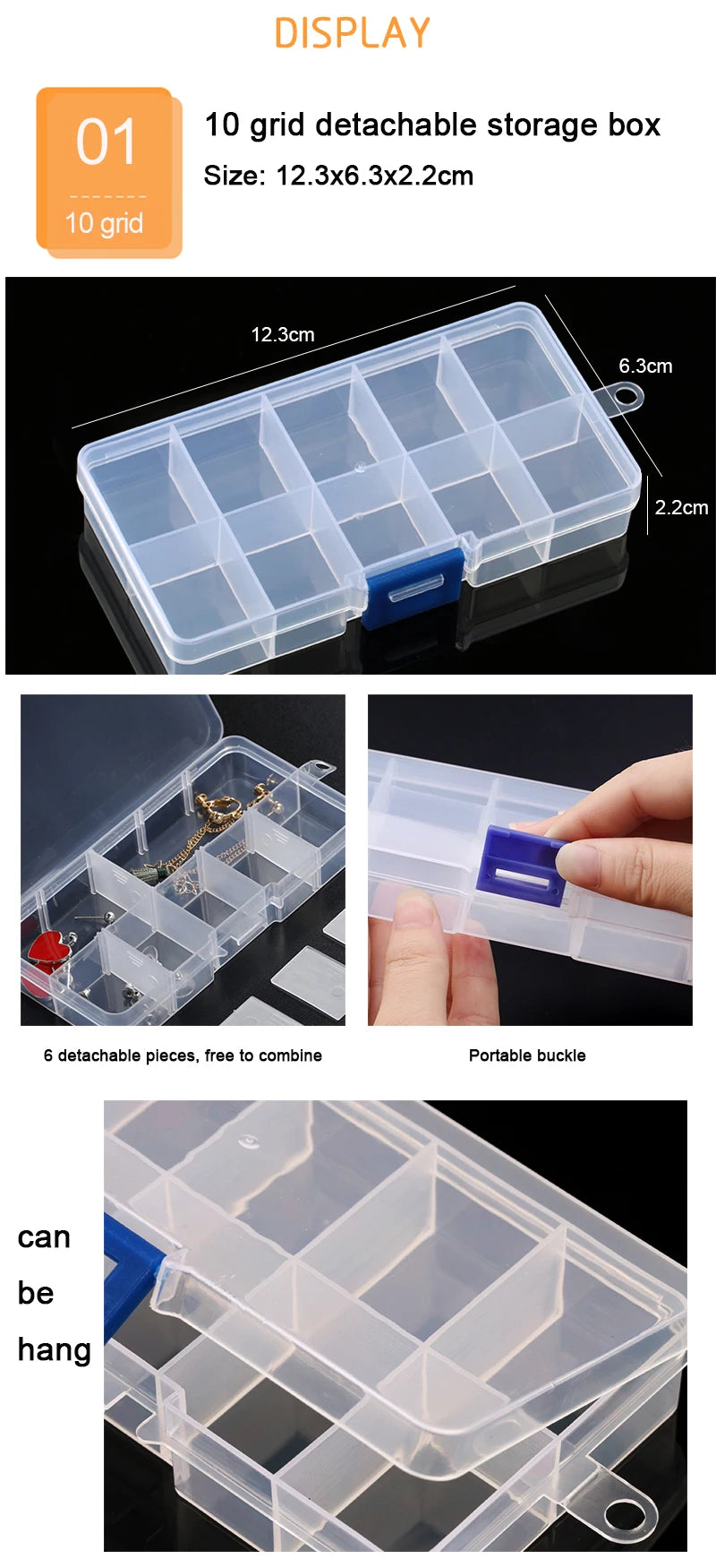 Plastic Jewelry Box 10/15/24 Compartment Slot Organizer Storage Beads Container Adjustable Jewelry Storage Box Rectangle Case