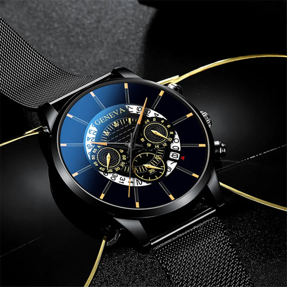 reloj hombre Mens Fashion Business Calendar Watches Blue Stainless Steel Mesh Belt Analog Quartz Wrist Watch relogio masculino