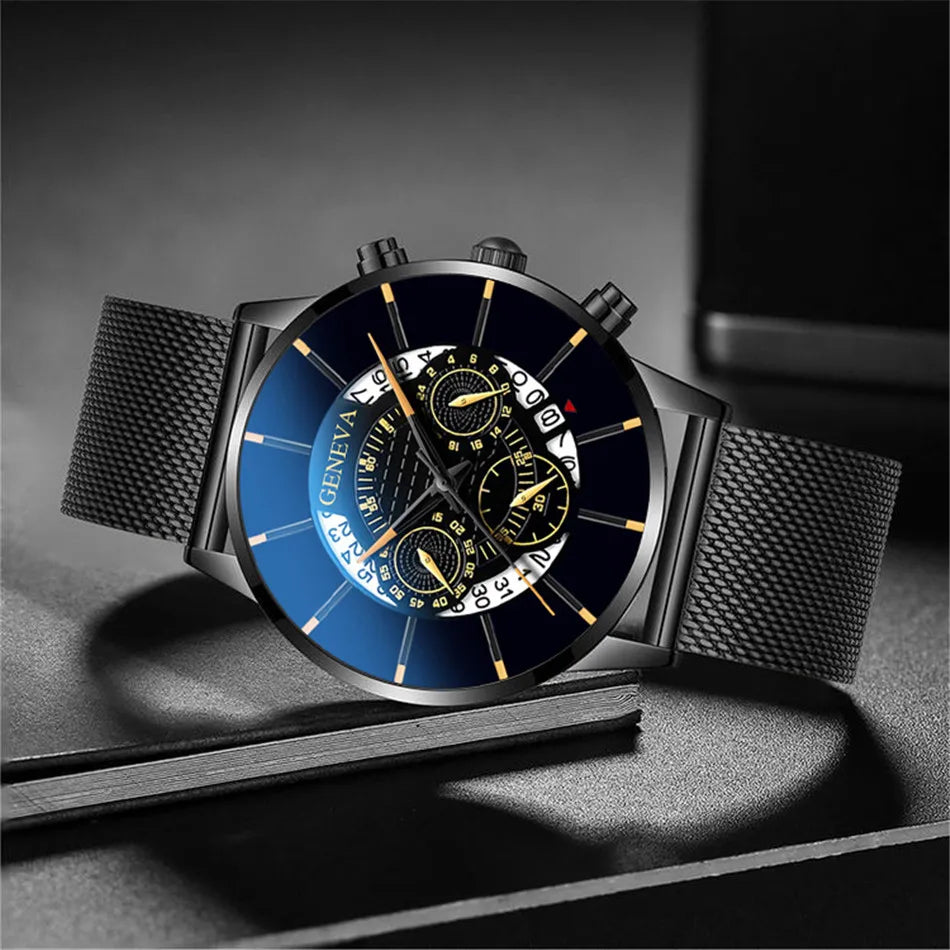 reloj hombre Mens Fashion Business Calendar Watches Blue Stainless Steel Mesh Belt Analog Quartz Wrist Watch relogio masculino