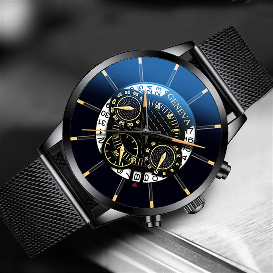 reloj hombre Mens Fashion Business Calendar Watches Blue Stainless Steel Mesh Belt Analog Quartz Wrist Watch relogio masculino