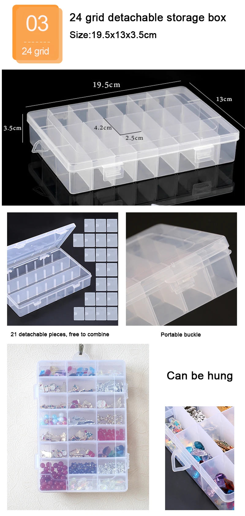 Plastic Jewelry Box 10/15/24 Compartment Slot Organizer Storage Beads Container Adjustable Jewelry Storage Box Rectangle Case