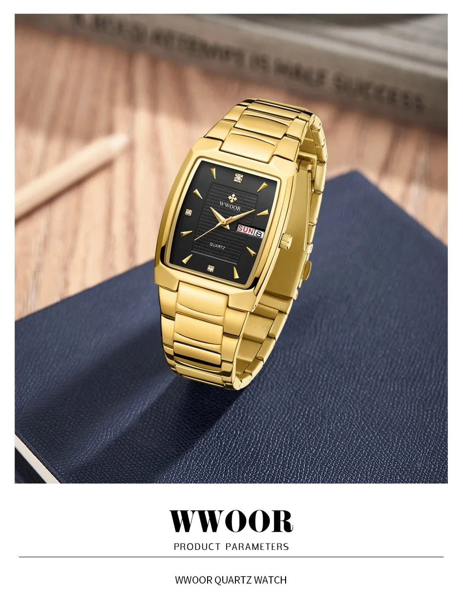 WWOOR 2024 New Square Watch Men with Automatic Week Date Luxury Stainless Steel Gold Mens Quartz Wrist Watches Relogio Masculino