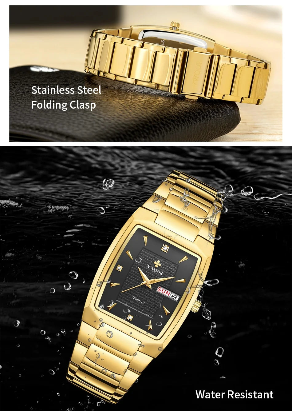 WWOOR 2024 New Square Watch Men with Automatic Week Date Luxury Stainless Steel Gold Mens Quartz Wrist Watches Relogio Masculino