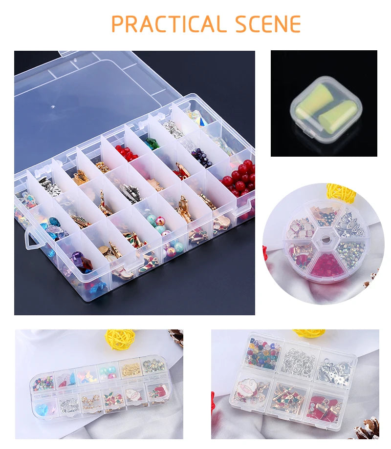 Plastic Jewelry Box 10/15/24 Compartment Slot Organizer Storage Beads Container Adjustable Jewelry Storage Box Rectangle Case