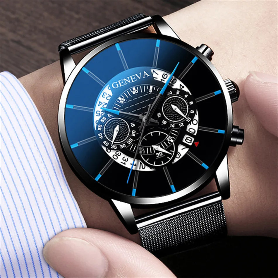 reloj hombre Mens Fashion Business Calendar Watches Blue Stainless Steel Mesh Belt Analog Quartz Wrist Watch relogio masculino