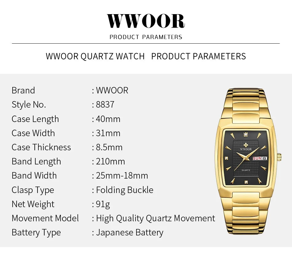 WWOOR 2024 New Square Watch Men with Automatic Week Date Luxury Stainless Steel Gold Mens Quartz Wrist Watches Relogio Masculino