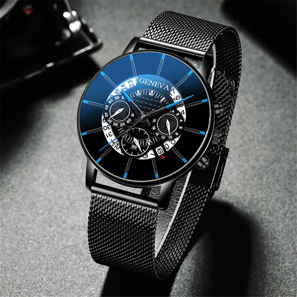 reloj hombre Mens Fashion Business Calendar Watches Blue Stainless Steel Mesh Belt Analog Quartz Wrist Watch relogio masculino