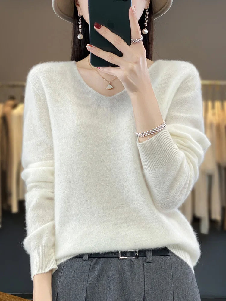 100% Merino Wool Women's Sweater V-Neck Long Sleeve Pullovers Autumn Winter Basic Jumper Cashmere Knitwear Warm Female Clothing