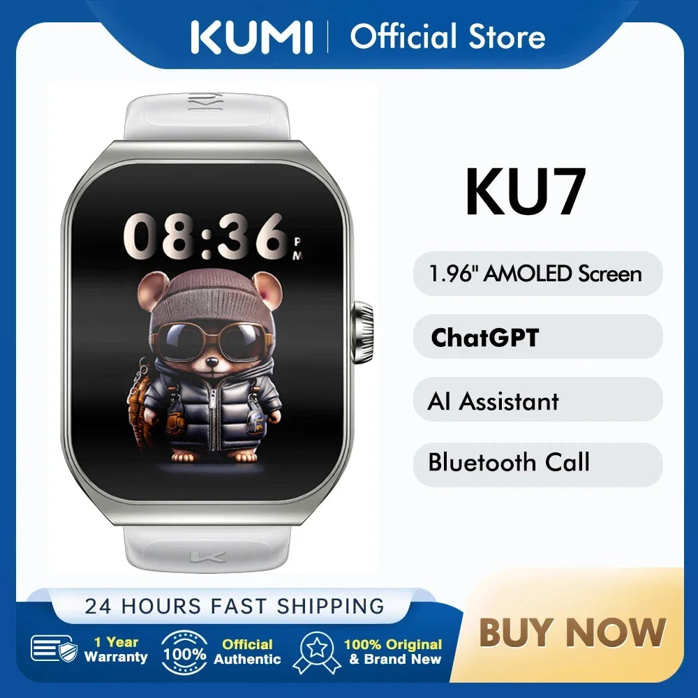 KUMI KU7 Smart watch 1.96" Amoled screen NFC IP68 Waterproof 100+Sport Modes  Bluetooth Call Health Sleep Monitoring