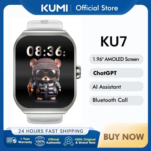 KUMI KU7 Smart watch 1.96" Amoled screen NFC IP68 Waterproof 100+Sport Modes  Bluetooth Call Health Sleep Monitoring