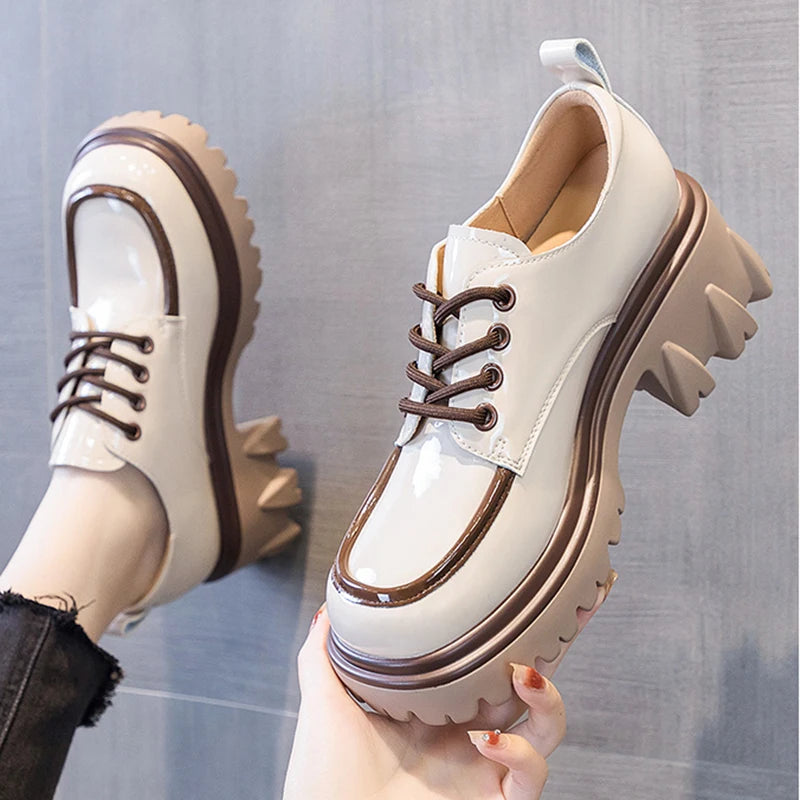 British Style Chunky Platform Pumps Casual Women's 2022 Autumn Lace Up Thick Heels Loafers Woman Round Toe Patent Leather Shoes