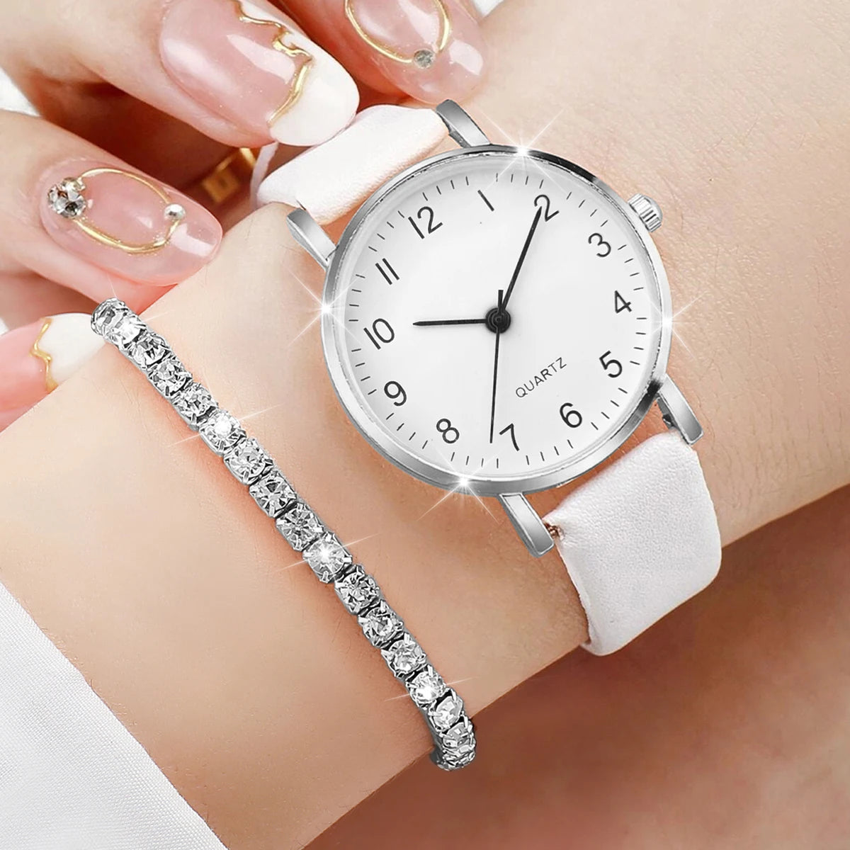 6PCS/Set Fashion Women's Quartz Watch Leather Band Analog Quartz Watches with Diamond Jewelry(Without Box)