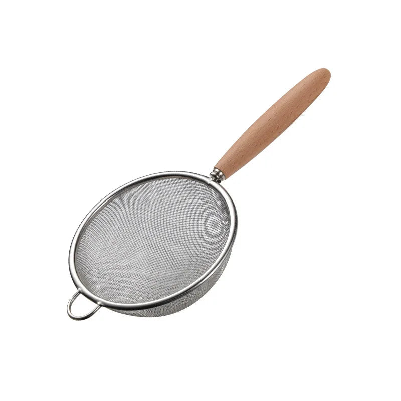 Wooden Handle Stainless Steel Small Colander Fine Mesh Oil Strainer Multi-function Filter Mesh Flour Sifter Kitchen Baking Tools