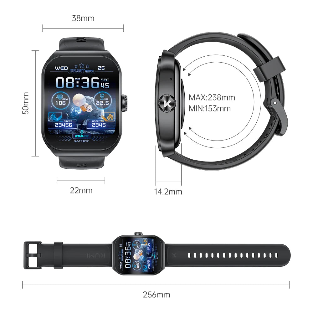 KUMI KU7 Smart watch 1.96" Amoled screen NFC IP68 Waterproof 100+Sport Modes  Bluetooth Call Health Sleep Monitoring