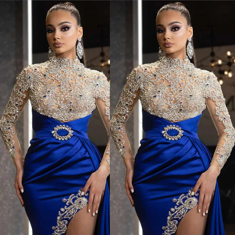 2023 Europe and the United States new women's dress blue sprinkle gold split splicing half high neck evening dress