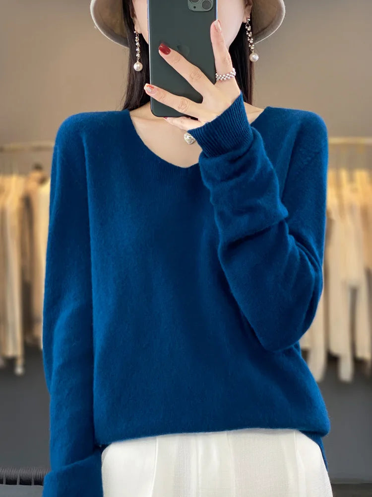 100% Merino Wool Women's Sweater V-Neck Long Sleeve Pullovers Autumn Winter Basic Jumper Cashmere Knitwear Warm Female Clothing