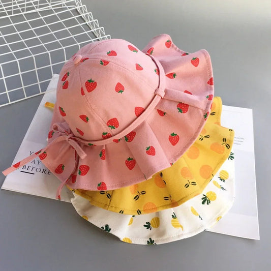 Sweet Baby Summer Hat for Girls Cotton Fruit Print Kids Bucket Hats Bowknot Princess Children Sun Cap Beach Travel 1-3Y