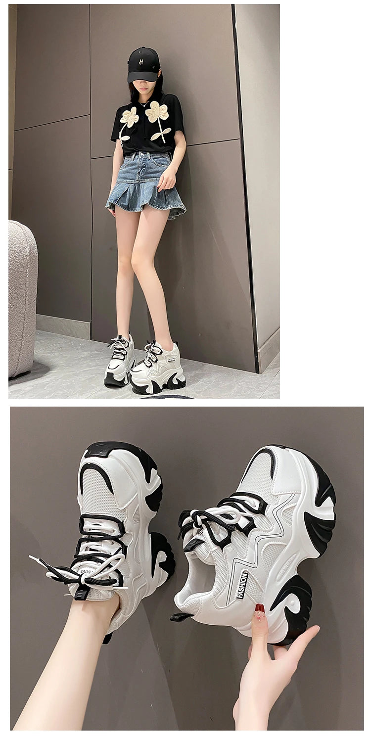 Women Walking Sneakers Autumn Lace-up High Platform Chunky Shoes Breathable Leather Shoes 10CM Winter Wedge Heels Casual Shoes