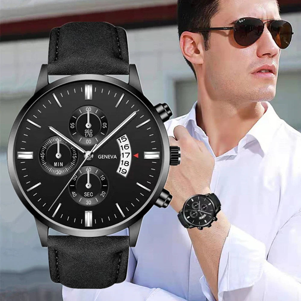 Men Watch Fashion Sport Wrist Alloy Case Leather Band  Quartz Business Wristwatch Calendar Clock Gift