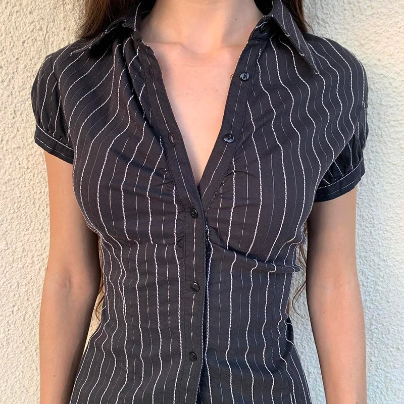 IAMHOTTY Chic Elegant Striped Blouse Women's Summer French Style Button-up Turn-down Collar Shirt Vintage Streetwear Y2K Tops