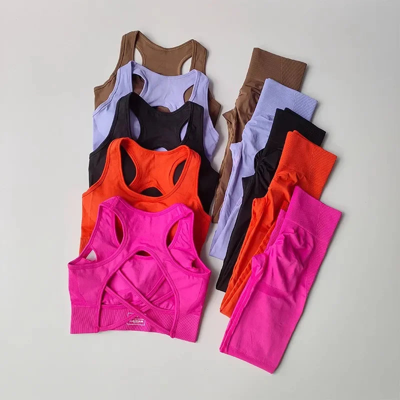 2pcs Seamless Yoga Set Women Push Up Legging Fitness Sportswear Gym Sport Bras Push-up Strappy Sports Top Set Sports Suits