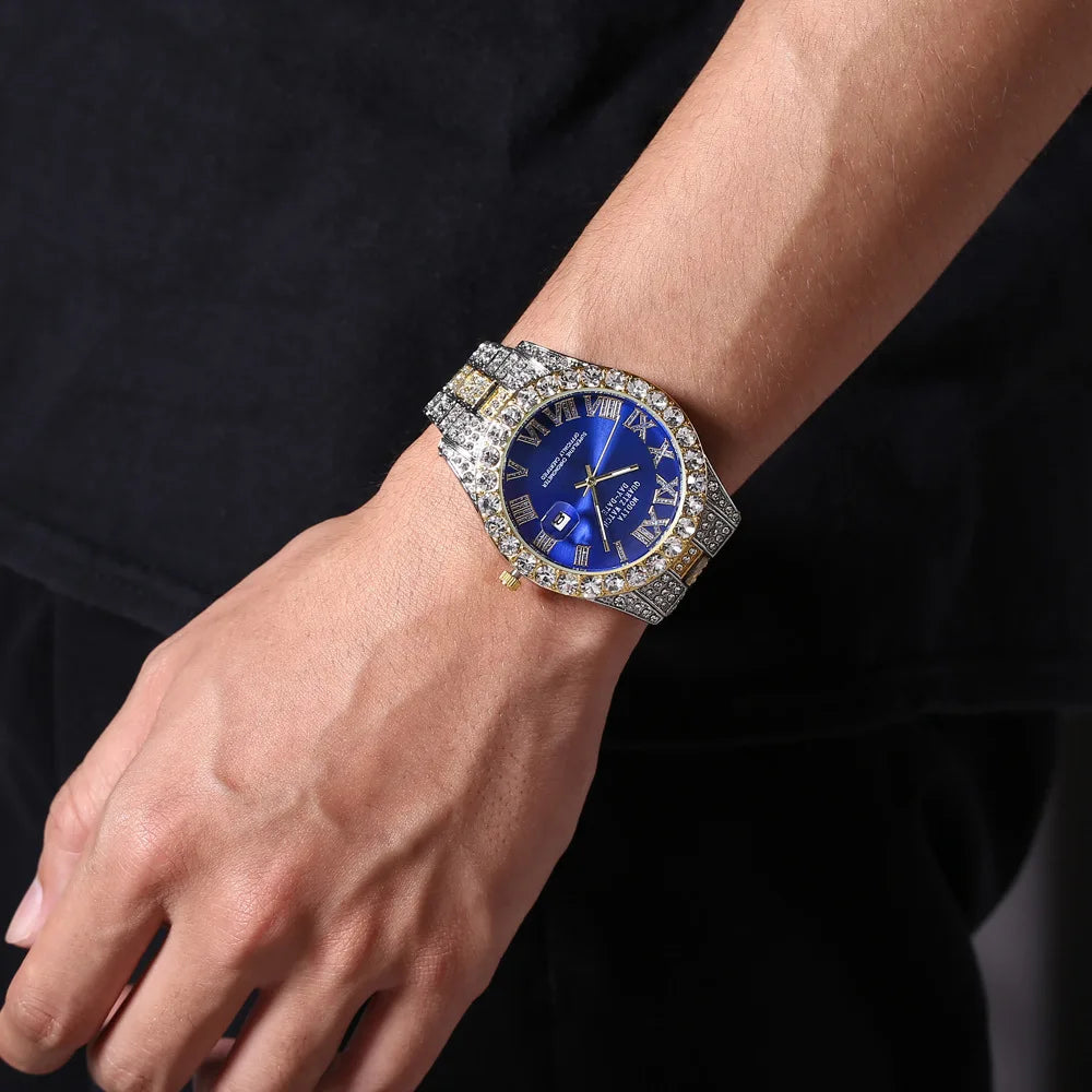 Hip Hop Iced Out Men Watch Full AAA Rhinestone Around Luxury Quartz Watches Round Clock Unisex Wrist Watch Gift For Boyfriend