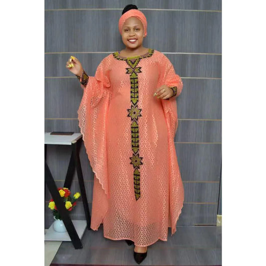 2023 African Dresses for Women Muslim Lace Boubou Dashiki Traditional Africa Clothes Ankara Outfits Evening Gown With Headtie