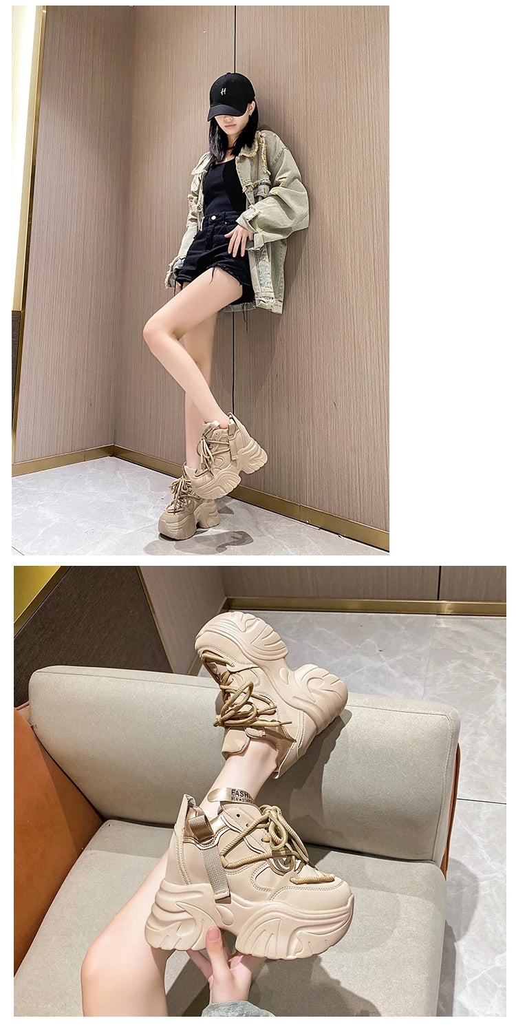 Women Walking Sneakers Autumn Lace-up High Platform Chunky Shoes Breathable Leather Shoes 10CM Winter Wedge Heels Casual Shoes