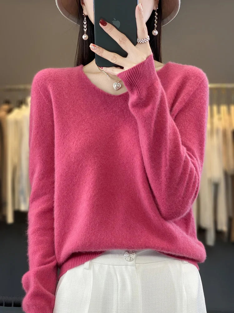 100% Merino Wool Women's Sweater V-Neck Long Sleeve Pullovers Autumn Winter Basic Jumper Cashmere Knitwear Warm Female Clothing