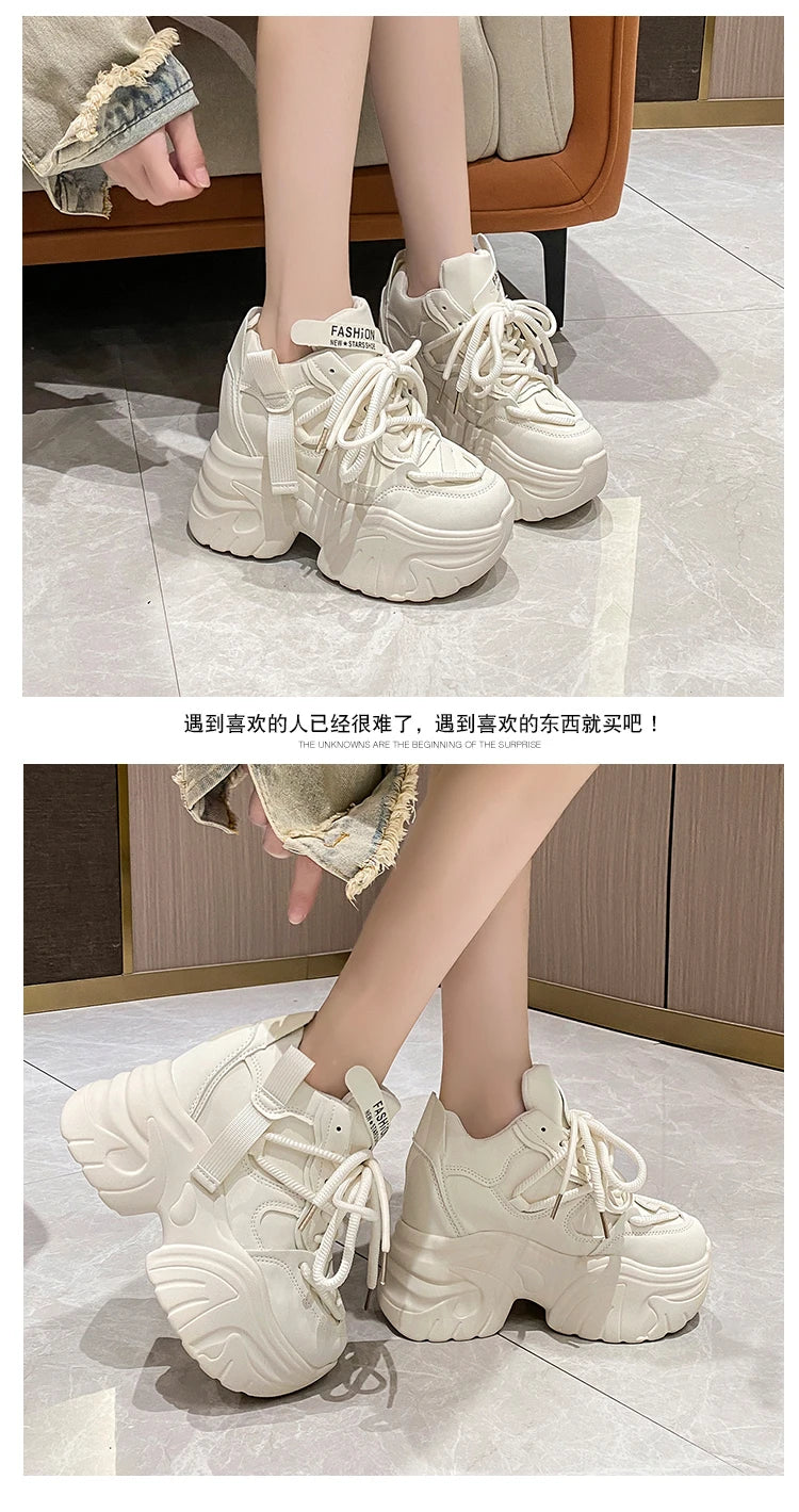 Women Walking Sneakers Autumn Lace-up High Platform Chunky Shoes Breathable Leather Shoes 10CM Winter Wedge Heels Casual Shoes