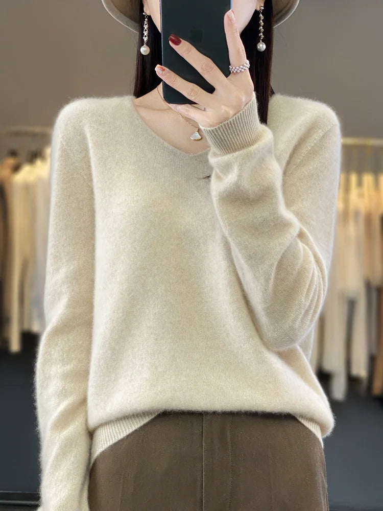 100% Merino Wool Women's Sweater V-Neck Long Sleeve Pullovers Autumn Winter Basic Jumper Cashmere Knitwear Warm Female Clothing