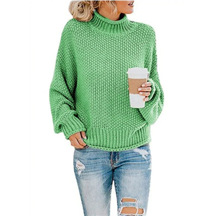 Women's 2024 Turtleneck Batwing Sleeve Loose Oversized Chunky Knitted Pullover Sweater Jumper Tops