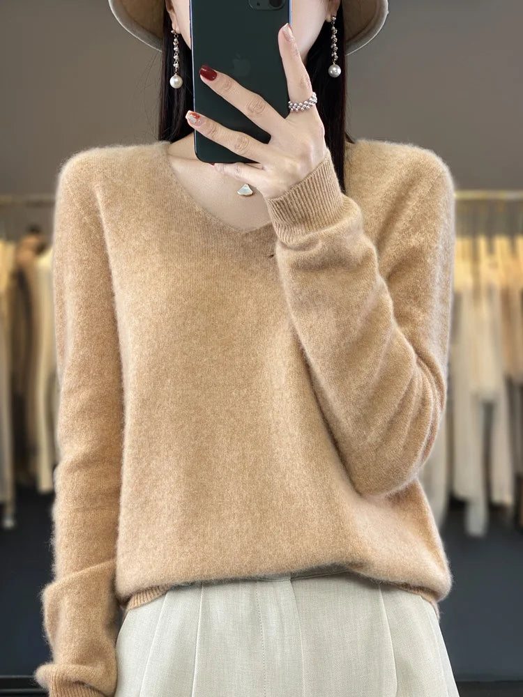 100% Merino Wool Women's Sweater V-Neck Long Sleeve Pullovers Autumn Winter Basic Jumper Cashmere Knitwear Warm Female Clothing