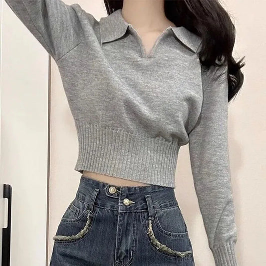 Xpqbb Korean Chic Turndown Collar Sweaters Female Gray Slim Fit Long Sleeve Cropped Sweater for Woman Streetwear Knit Pullovers