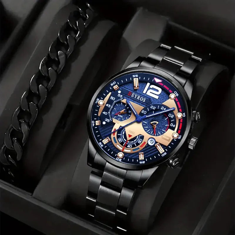 2pcs Luxury Mens Silver Quartz Watch With Stainless Steel Bracelet Men Fashion Business Casual Watch Luminous Clock